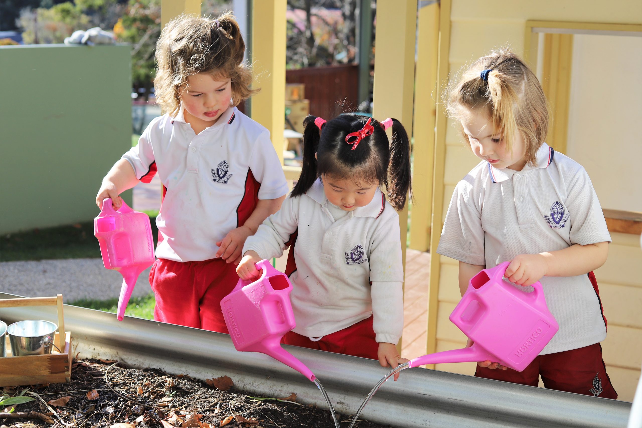 Three early learning student watering a garden bed